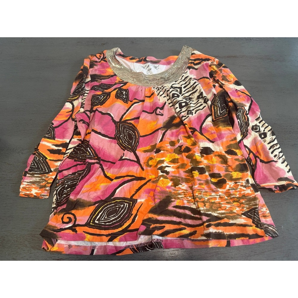 Knit de Knit Abstract Print Sequin Neck Long Sleeve Top Pink Orange XL